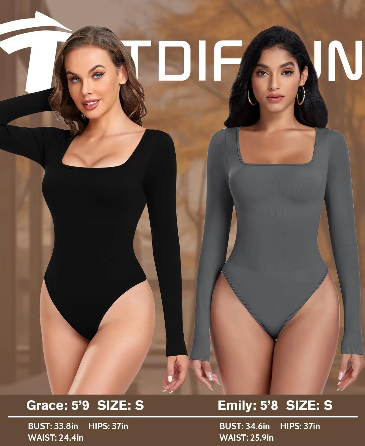 TDIFFUN Womens Long Sleeve Bodysuits Shapewear Sexy Ribbed Square Neck Tops Tummy Control Body Shaper