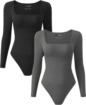 TDIFFUN Womens Long Sleeve Bodysuits Shapewear Sexy Ribbed Square Neck Tops Tummy Control Body Shaper