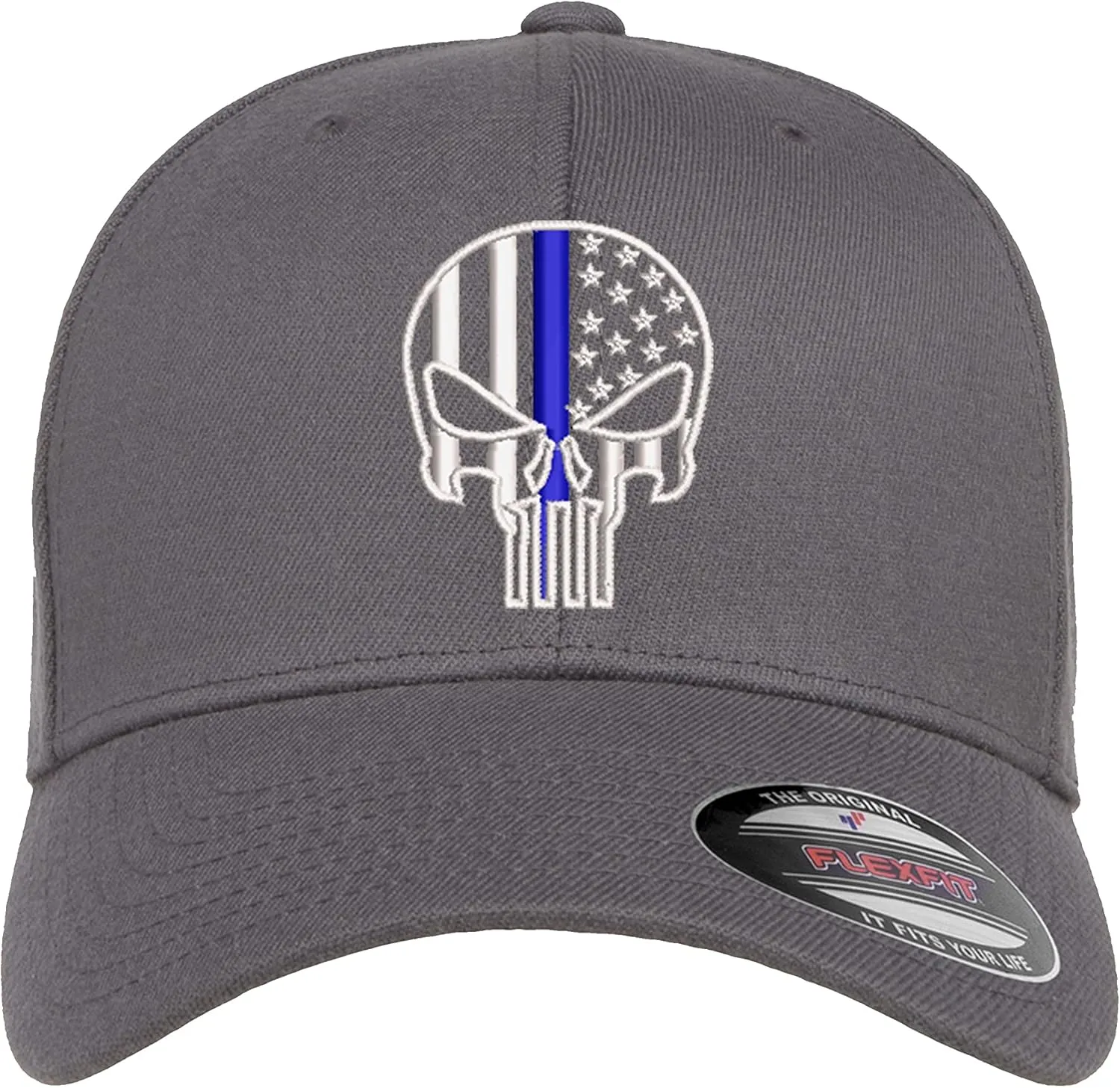 Thin Blue Line Punisher Skull USA Flag Flexfit Hat Black Grey Navy Olive Red Royal Blue Curved or Flat Brim