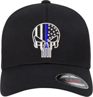 Thin Blue Line Punisher Skull USA Flag Flexfit Hat Black Grey Navy Olive Red Royal Blue Curved or Flat Brim