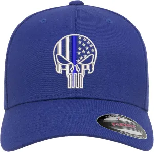 Thin Blue Line Punisher Skull USA Flag Flexfit Hat Black Grey Navy Olive Red Royal Blue Curved or Flat Brim