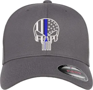 Thin Blue Line Punisher Skull USA Flag Flexfit Hat Black Grey Navy Olive Red Royal Blue Curved or Flat Brim