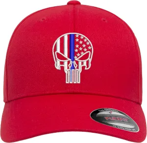 Thin Blue Line Punisher Skull USA Flag Flexfit Hat Black Grey Navy Olive Red Royal Blue Curved or Flat Brim