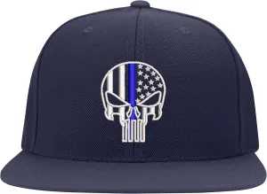 Thin Blue Line Punisher Skull USA Flag Flexfit Hat Black Grey Navy Olive Red Royal Blue Curved or Flat Brim