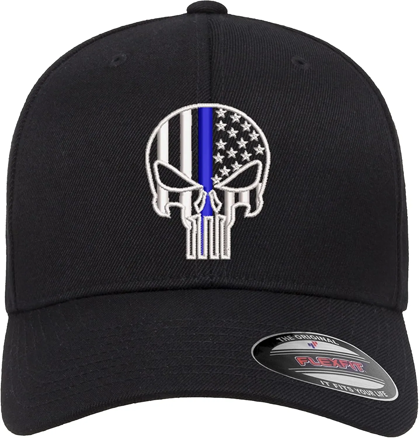 Thin Blue Line Punisher Skull USA Flag Flexfit Hat Black Grey Navy Olive Red Royal Blue Curved or Flat Brim