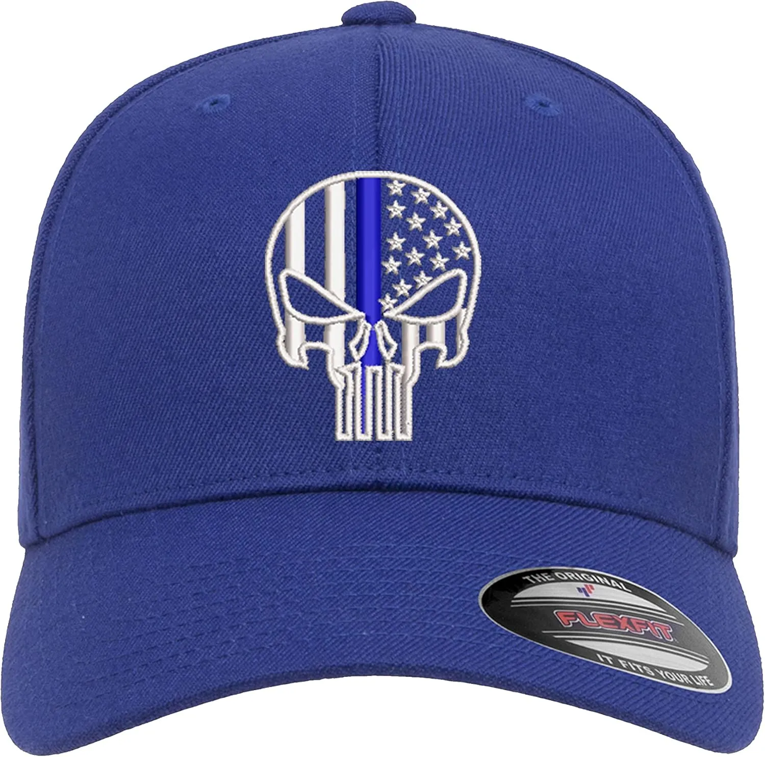 Thin Blue Line Punisher Skull USA Flag Flexfit Hat Black Grey Navy Olive Red Royal Blue Curved or Flat Brim