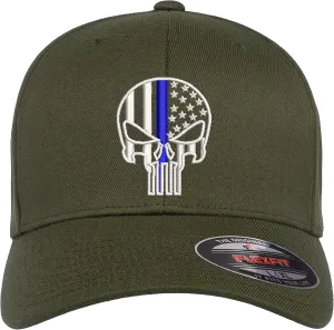 Thin Blue Line Punisher Skull USA Flag Flexfit Hat Black Grey Navy Olive Red Royal Blue Curved or Flat Brim
