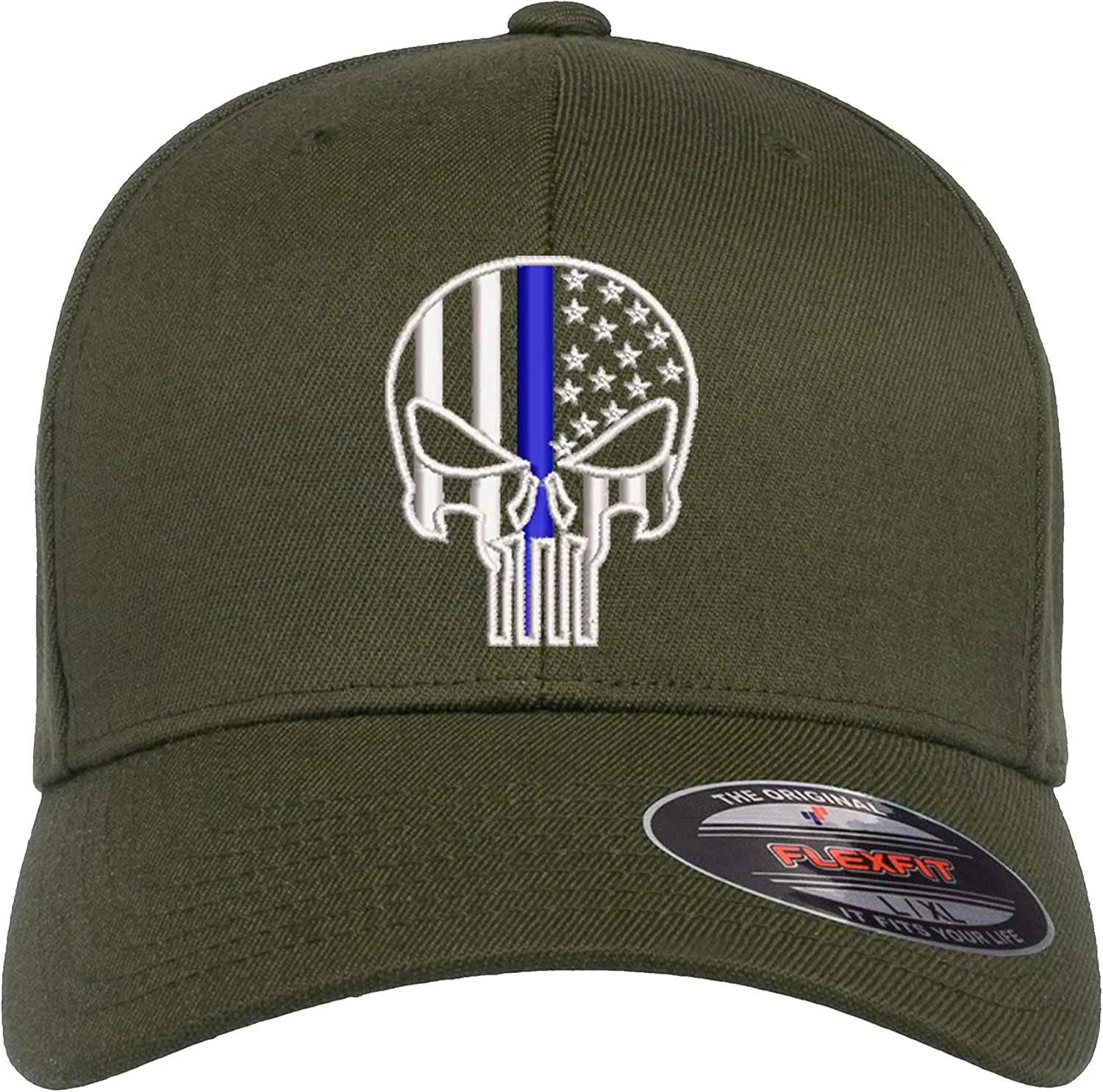 Thin Blue Line Punisher Skull USA Flag Flexfit Hat Black Grey Navy Olive Red Royal Blue Curved or Flat Brim