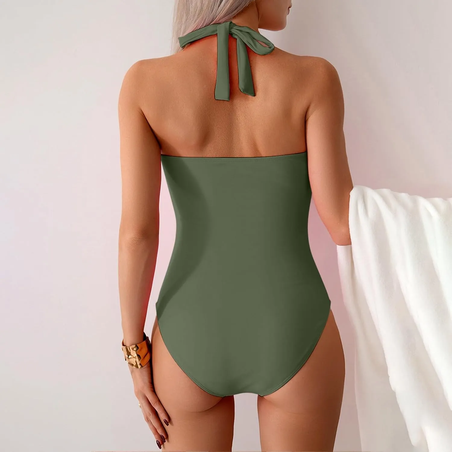 Tummy Control One Piece Swimsuit for Women Vintage Bathing Suits Ruched Swimwear Halter V Neck Backless Beachwear
