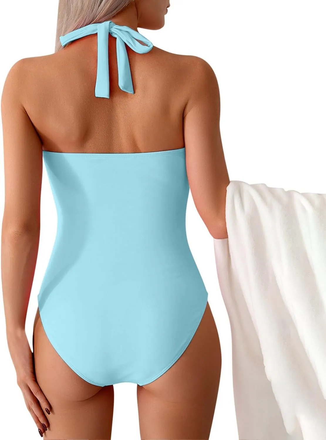 Tummy Control One Piece Swimsuit for Women Vintage Bathing Suits Ruched Swimwear Halter V Neck Backless Beachwear
