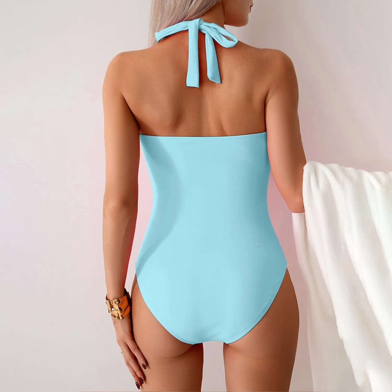 Tummy Control One Piece Swimsuit for Women Vintage Bathing Suits Ruched Swimwear Halter V Neck Backless Beachwear