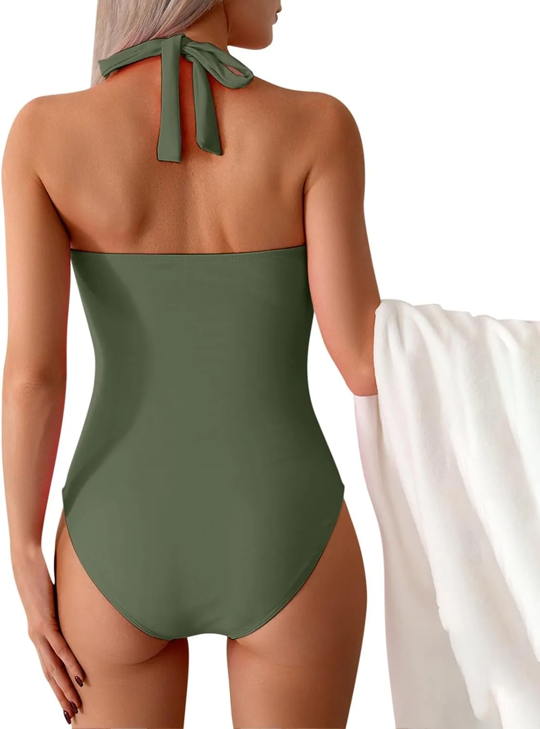 Tummy Control One Piece Swimsuit for Women Vintage Bathing Suits Ruched Swimwear Halter V Neck Backless Beachwear