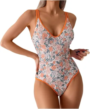 TUQIDEWU Tummy Control Swimsuits for Women One Piece Swimsuit Women Floral Print V Neck Push Up Backless Bathing Suit