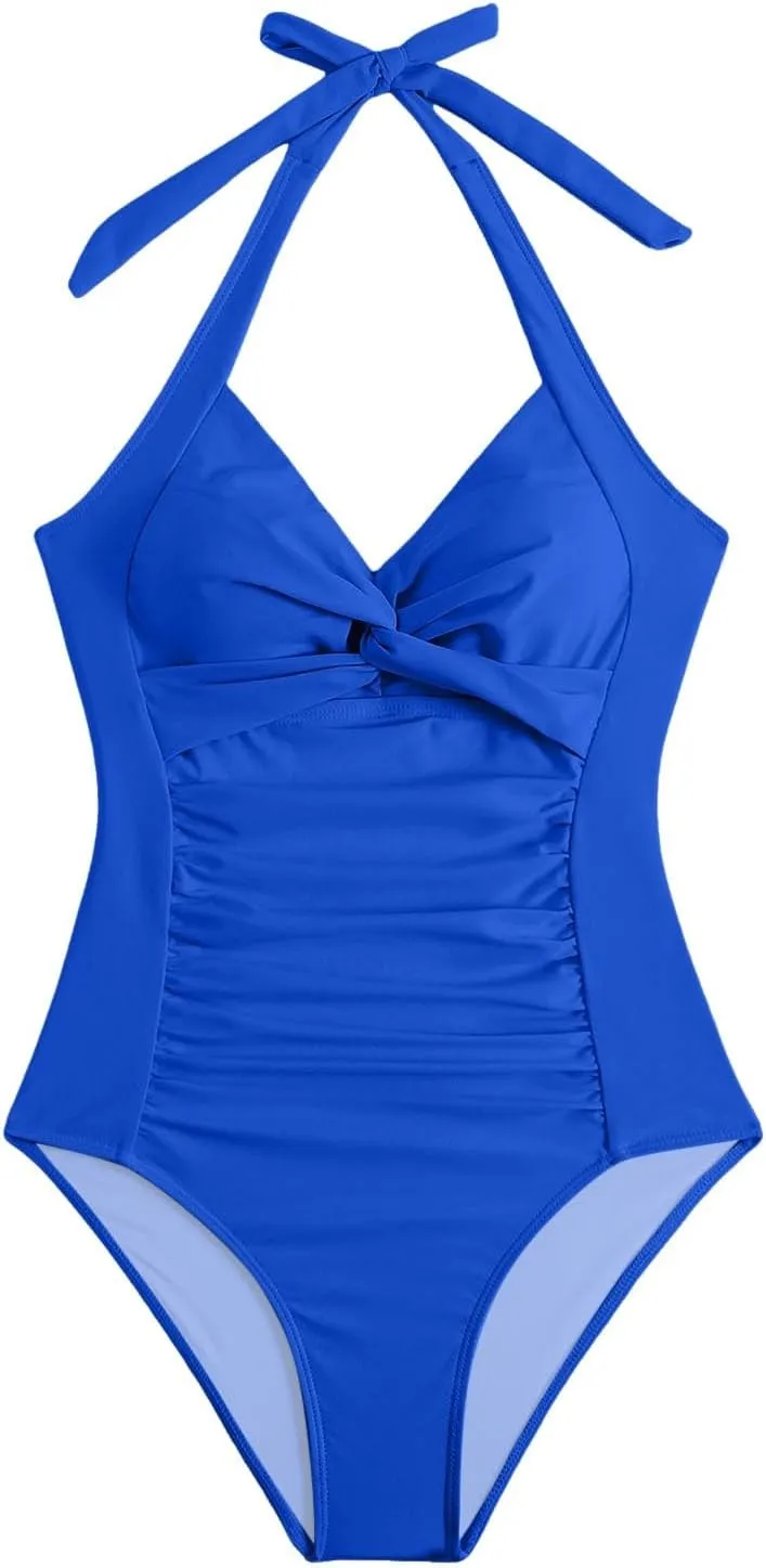 TUQIDEWU Womens Bathing Suits Tummy Control Swimsuits for Women 2025 V Neck Front Cross Backless One Piece Ruched Swimsuit