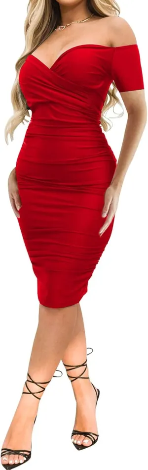 Uni Clau Women's Sexy V Neck Off Shoulder Ruched Bodycon Dress Long Sleeve Slim Fit Cocktail Midi Dress Party Dresses