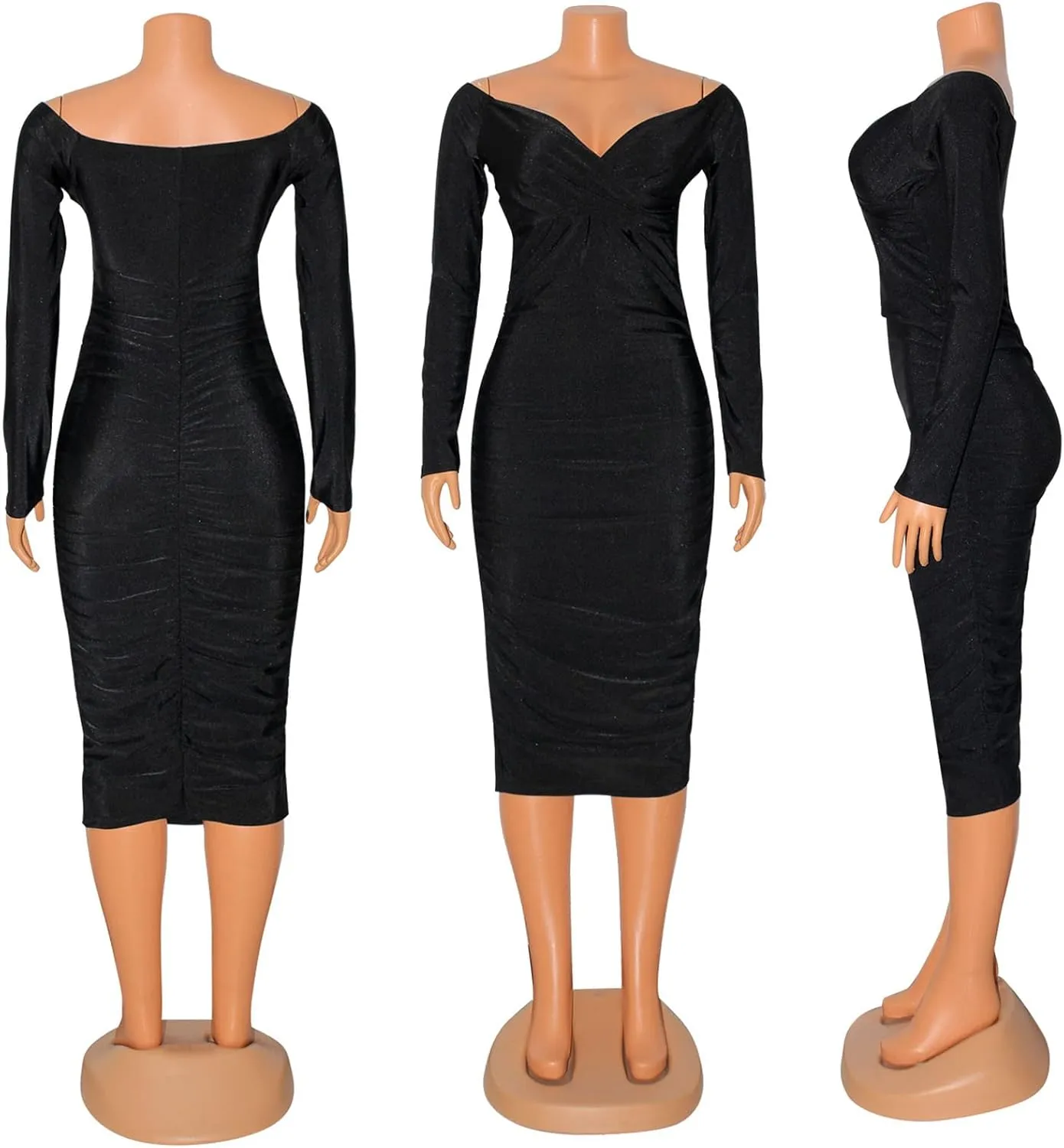 Uni Clau Women's Sexy V Neck Off Shoulder Ruched Bodycon Dress Long Sleeve Slim Fit Cocktail Midi Dress Party Dresses