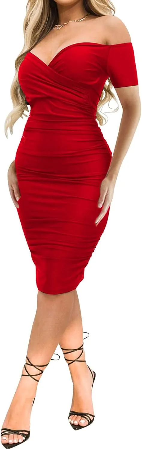 Uni Clau Women's Sexy V Neck Off Shoulder Ruched Bodycon Dress Long Sleeve Slim Fit Cocktail Midi Dress Party Dresses