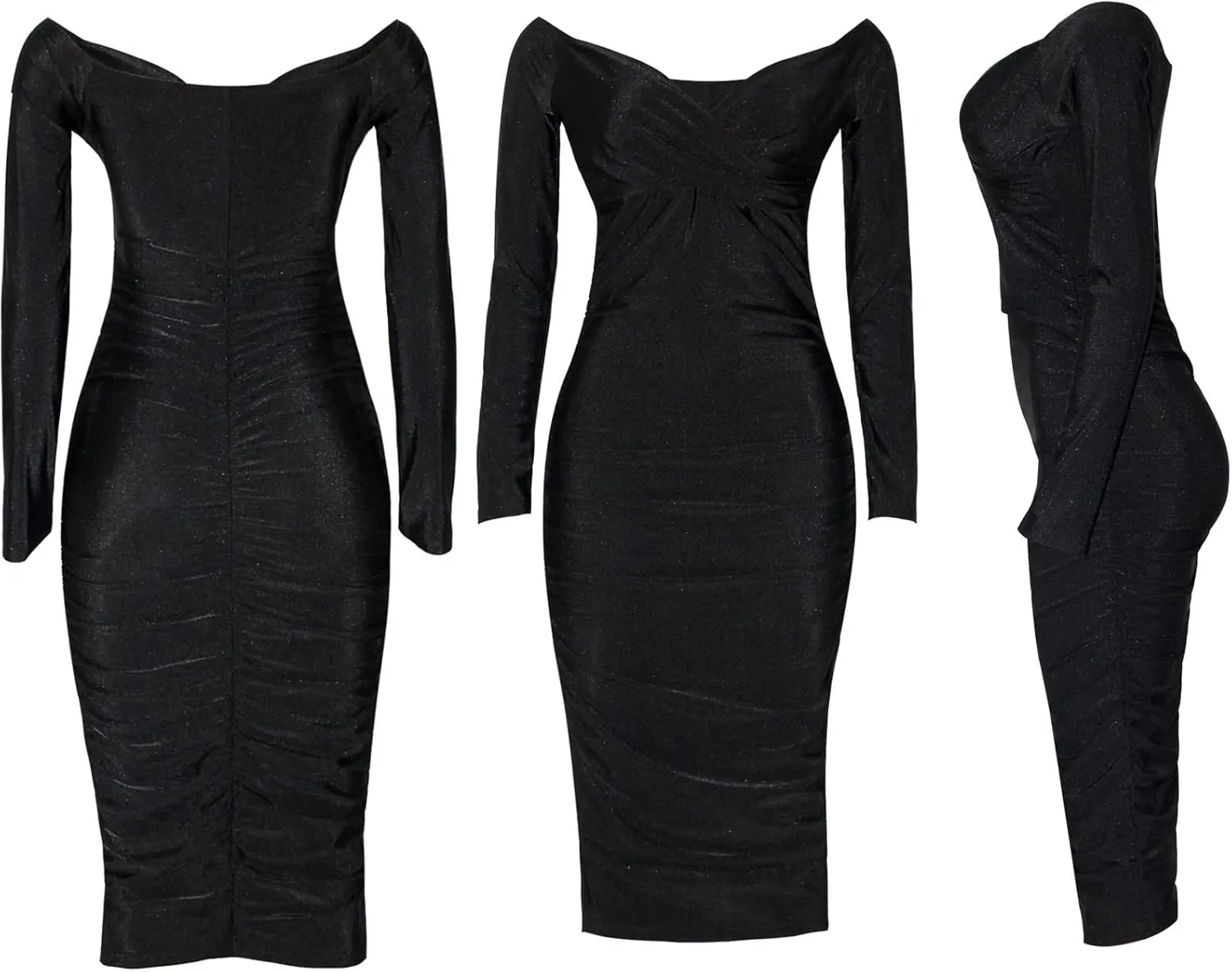 Uni Clau Women's Sexy V Neck Off Shoulder Ruched Bodycon Dress Long Sleeve Slim Fit Cocktail Midi Dress Party Dresses