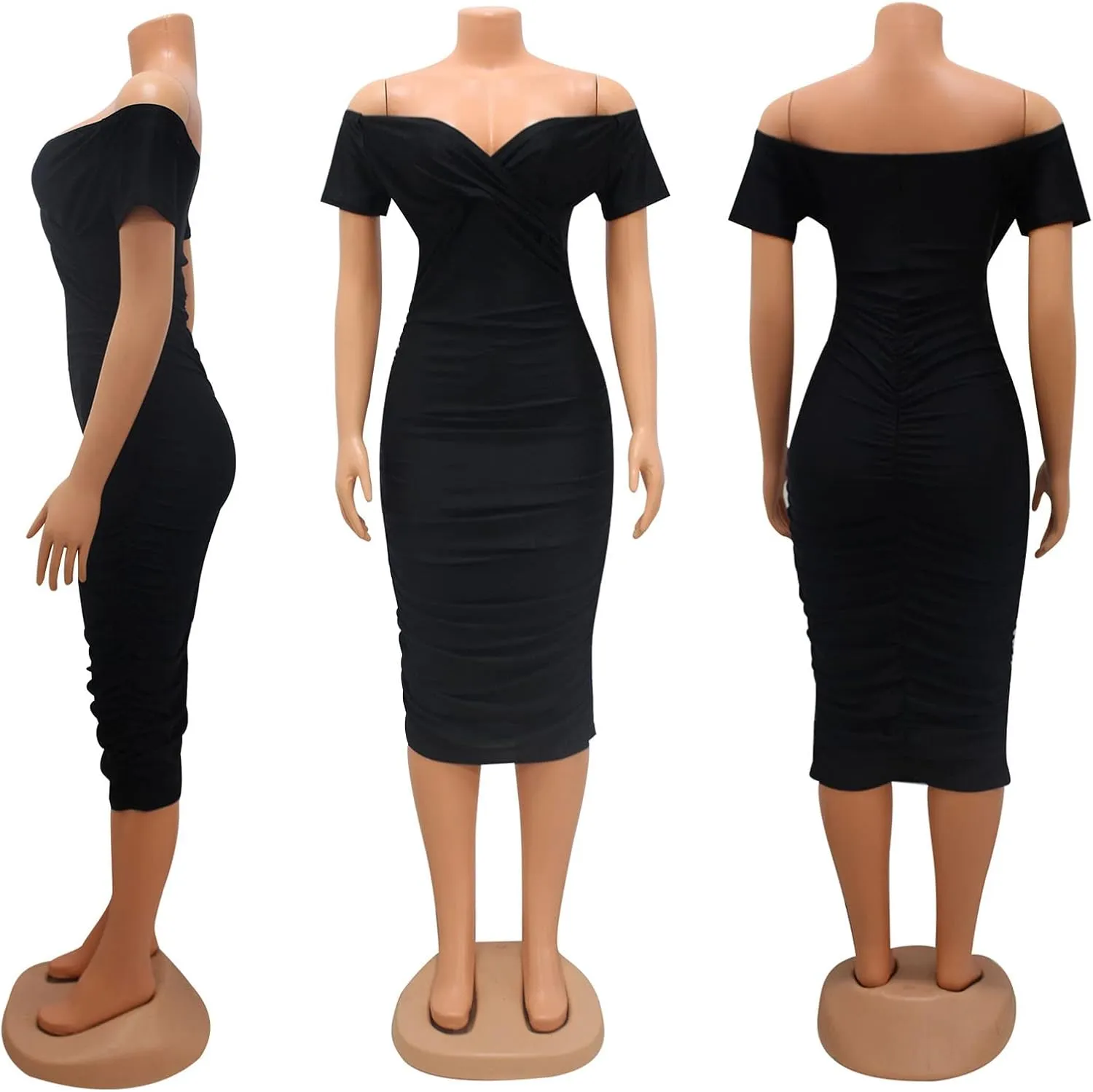 Uni Clau Women's Sexy V Neck Off Shoulder Ruched Bodycon Dress Long Sleeve Slim Fit Cocktail Midi Dress Party Dresses