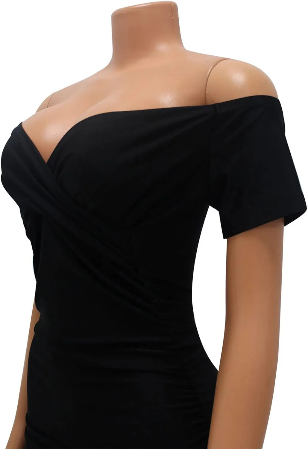 Uni Clau Women's Sexy V Neck Off Shoulder Ruched Bodycon Dress Long Sleeve Slim Fit Cocktail Midi Dress Party Dresses
