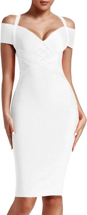 UONBOX Women's Strap Sexy V Neck Bodycon Clubwear Party Bandage Dress