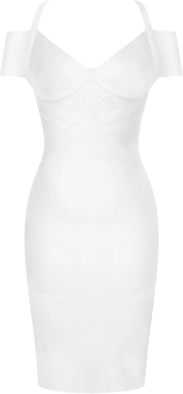 UONBOX Women's Strap Sexy V Neck Bodycon Clubwear Party Bandage Dress