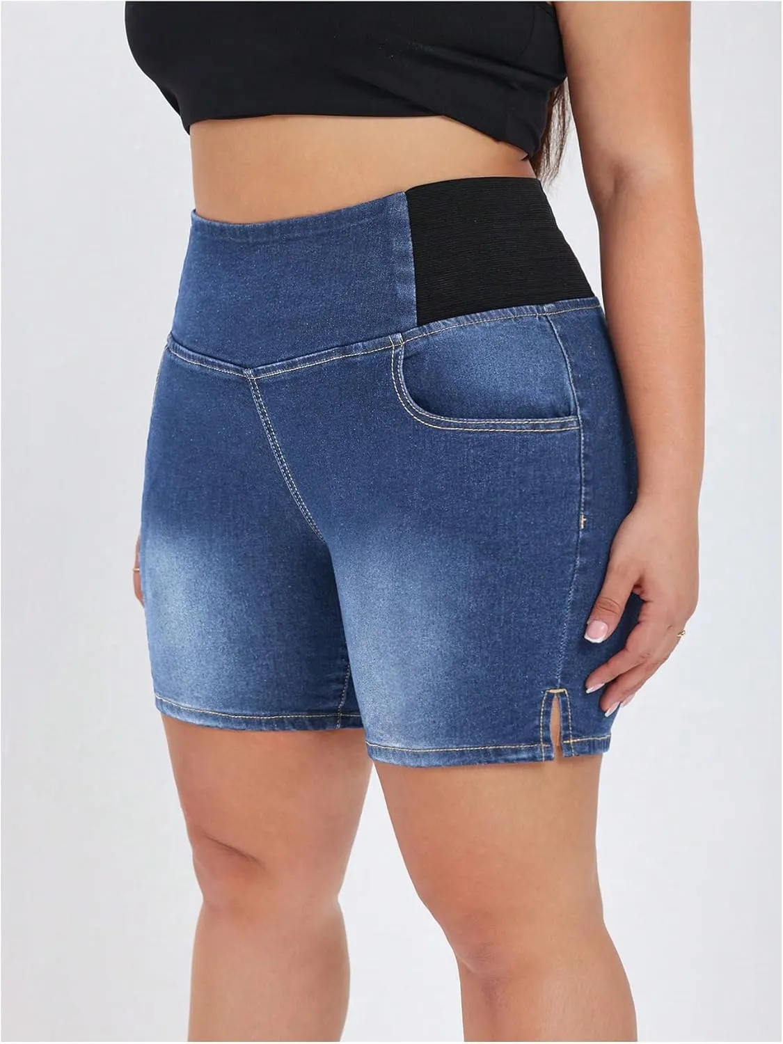 Verdusa Women's Plus Size Casual Jean Shorts High Waisted Stretchy Denim Bottoms with Pockets