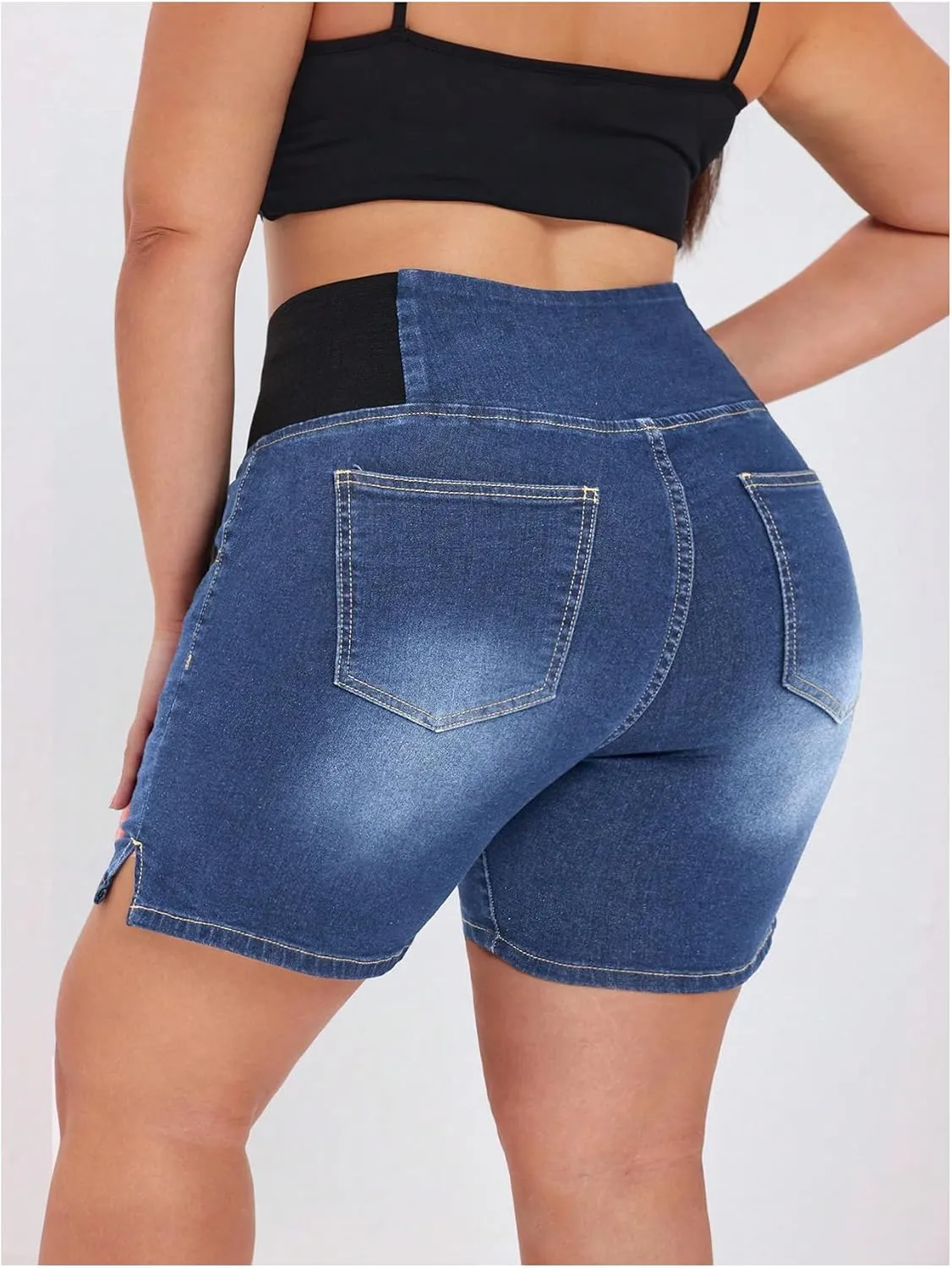 Verdusa Women's Plus Size Casual Jean Shorts High Waisted Stretchy Denim Bottoms with Pockets
