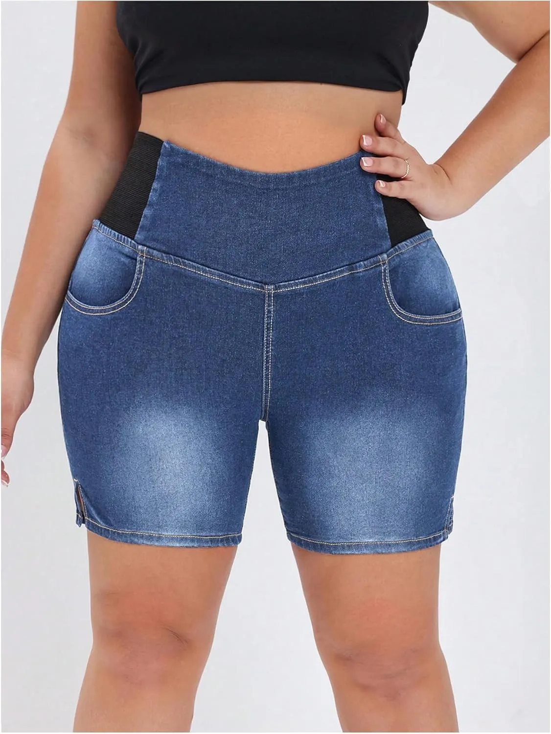 Verdusa Women's Plus Size Casual Jean Shorts High Waisted Stretchy Denim Bottoms with Pockets