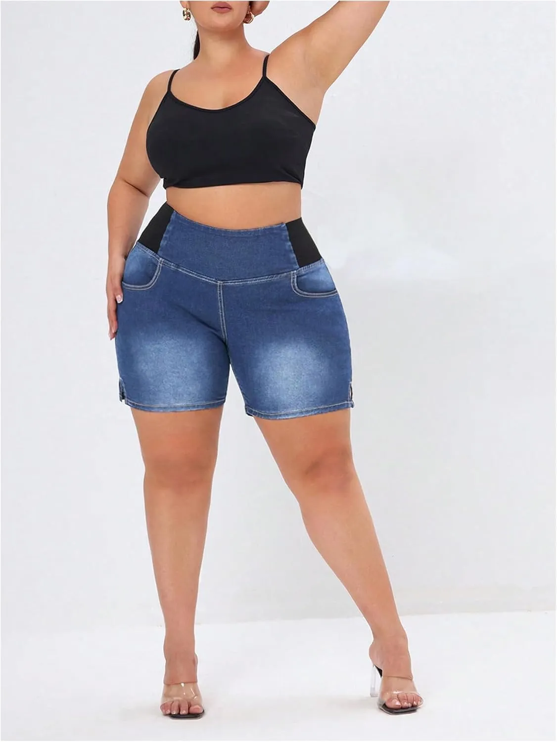 Verdusa Women's Plus Size Casual Jean Shorts High Waisted Stretchy Denim Bottoms with Pockets