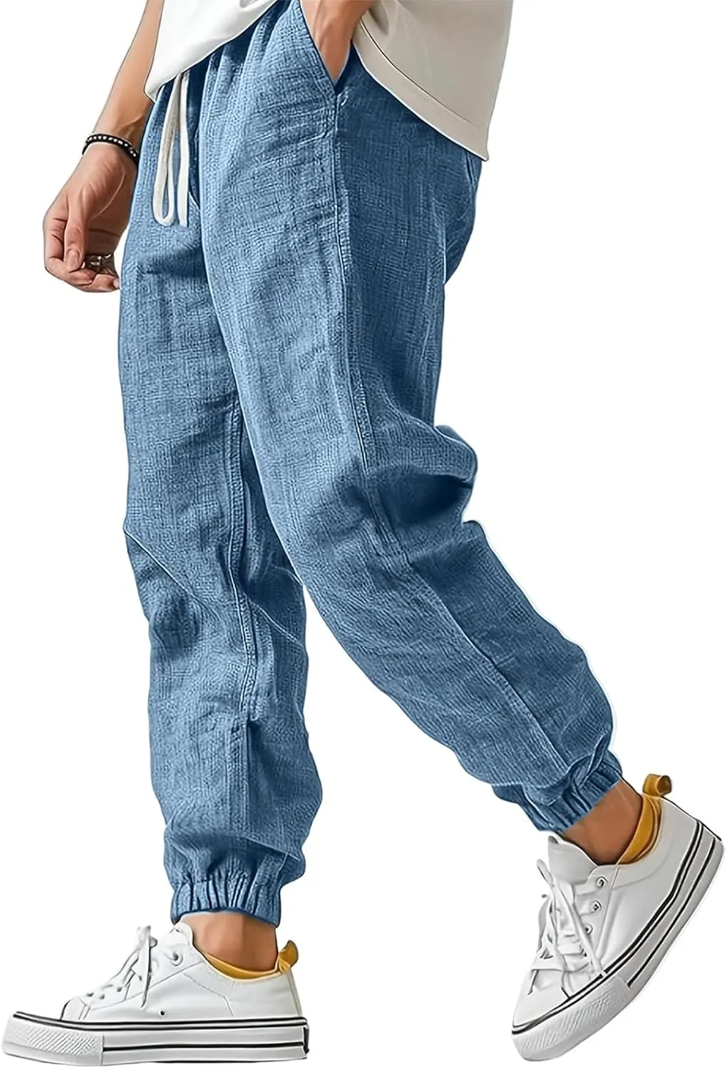 WENKOMG1 Mens Cotton Linen Pants Ankle Length Elastic Waist Drawstring Casual Beach Pants Lightweight Lounge Wears