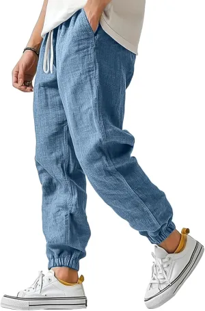 WENKOMG1 Mens Cotton Linen Pants Ankle Length Elastic Waist Drawstring Casual Beach Pants Lightweight Lounge Wears