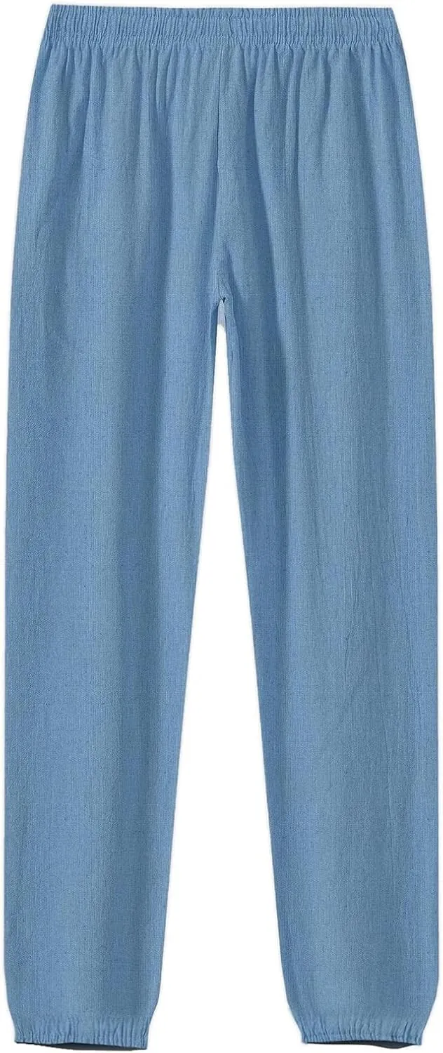 WENKOMG1 Mens Cotton Linen Pants Ankle Length Elastic Waist Drawstring Casual Beach Pants Lightweight Lounge Wears