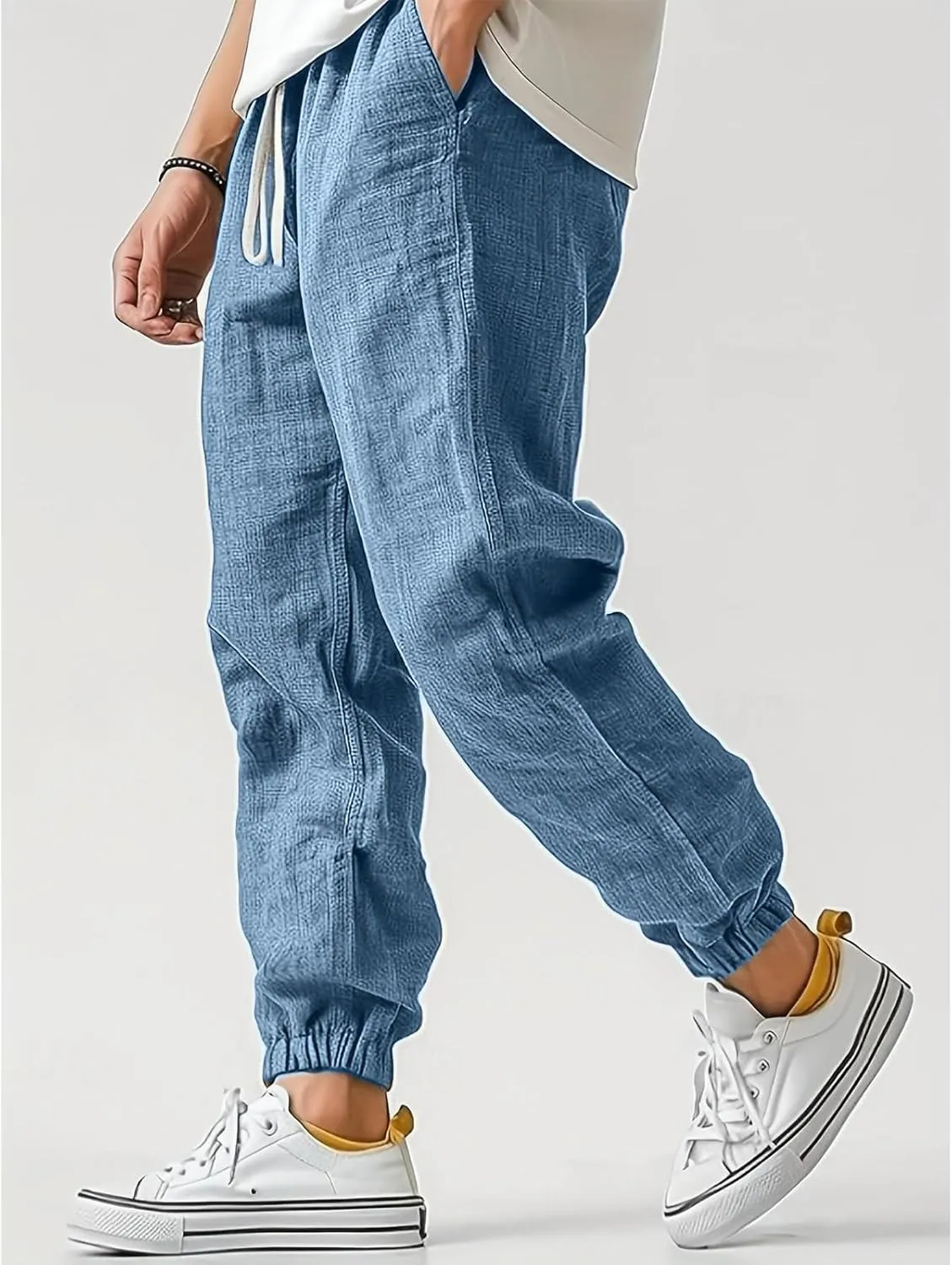 WENKOMG1 Mens Cotton Linen Pants Ankle Length Elastic Waist Drawstring Casual Beach Pants Lightweight Lounge Wears