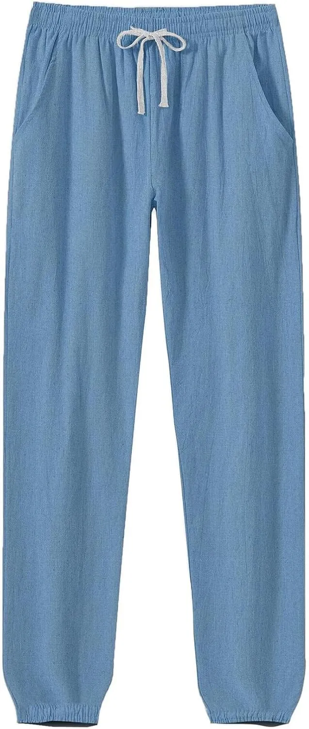 WENKOMG1 Mens Cotton Linen Pants Ankle Length Elastic Waist Drawstring Casual Beach Pants Lightweight Lounge Wears
