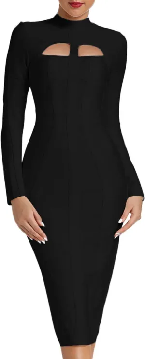 Whoinshop Women's Cut Out Long Sleeve Party Bandage Dress Clubwear Midi
