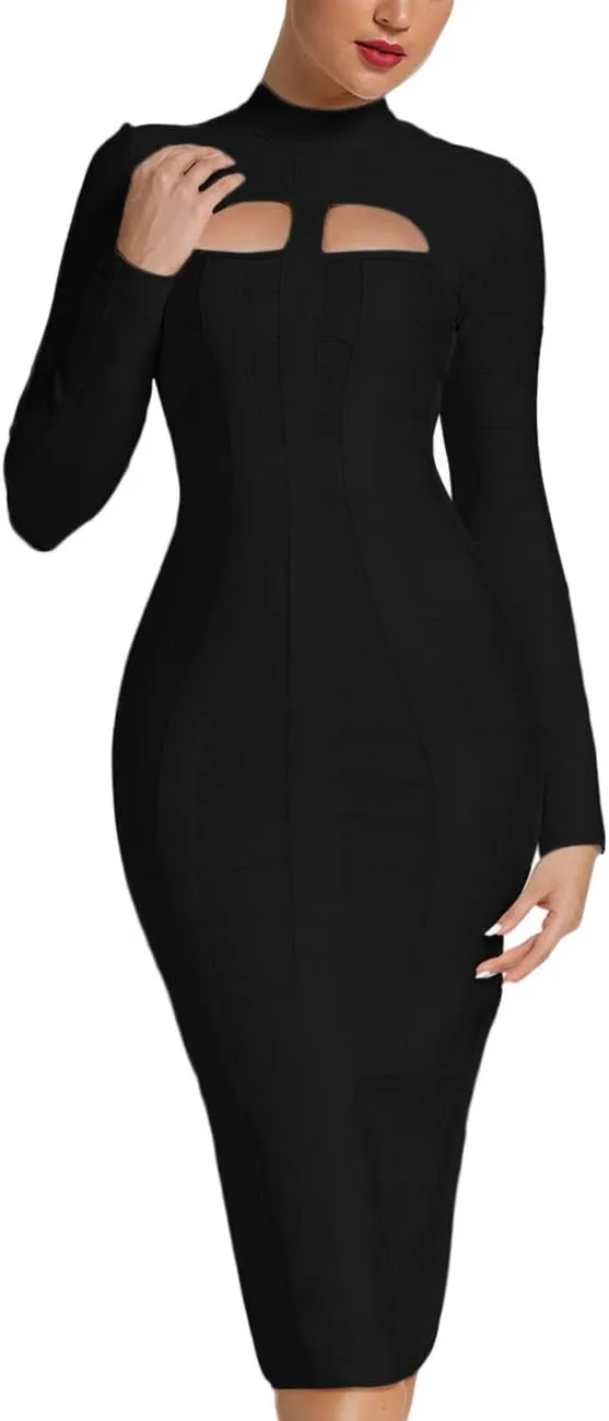 Whoinshop Women's Cut Out Long Sleeve Party Bandage Dress Clubwear Midi