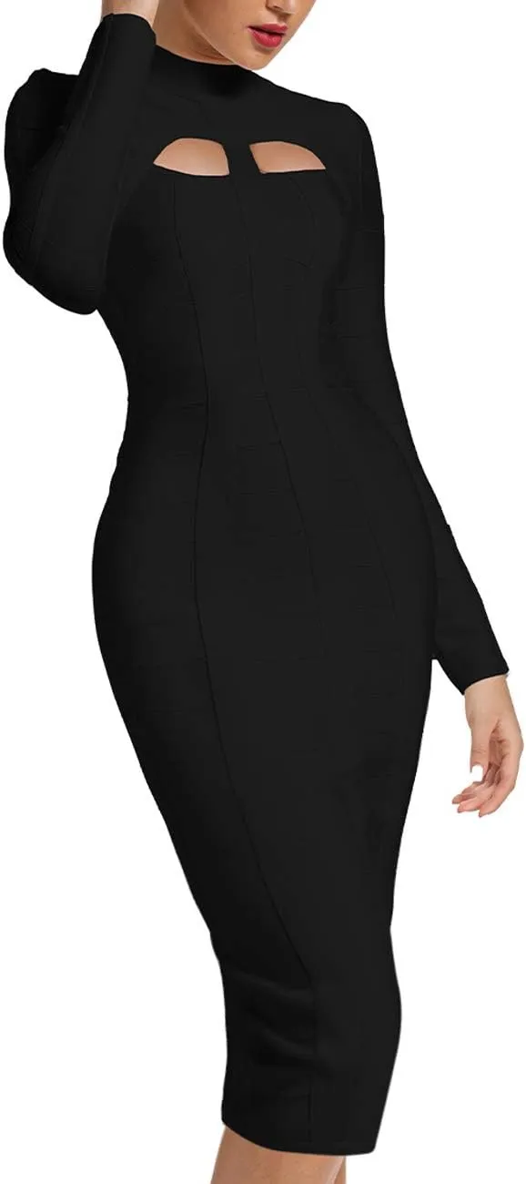 Whoinshop Women's Cut Out Long Sleeve Party Bandage Dress Clubwear Midi