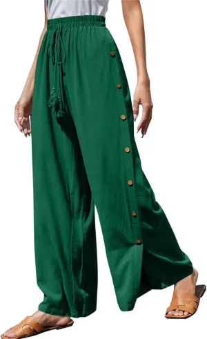 Wide Leg Linen Pants for Women Side Split Button Down Long Trousers Plus Size Casual Drawstring Elastic Waist Pants