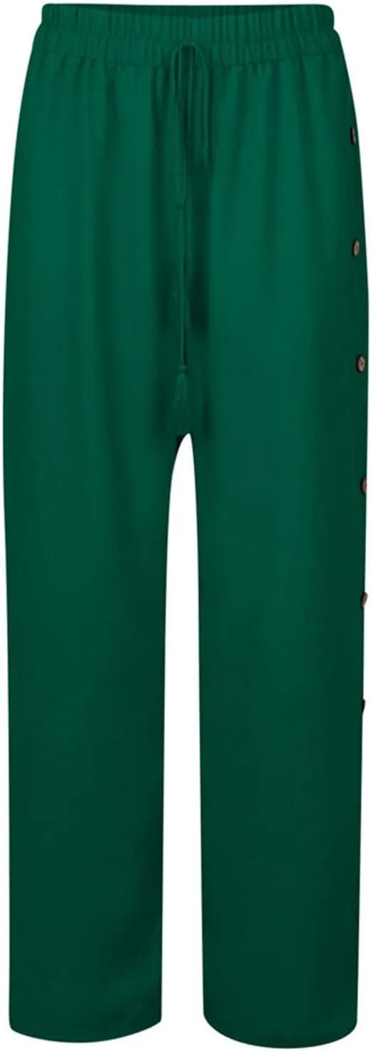 Wide Leg Linen Pants for Women Side Split Button Down Long Trousers Plus Size Casual Drawstring Elastic Waist Pants