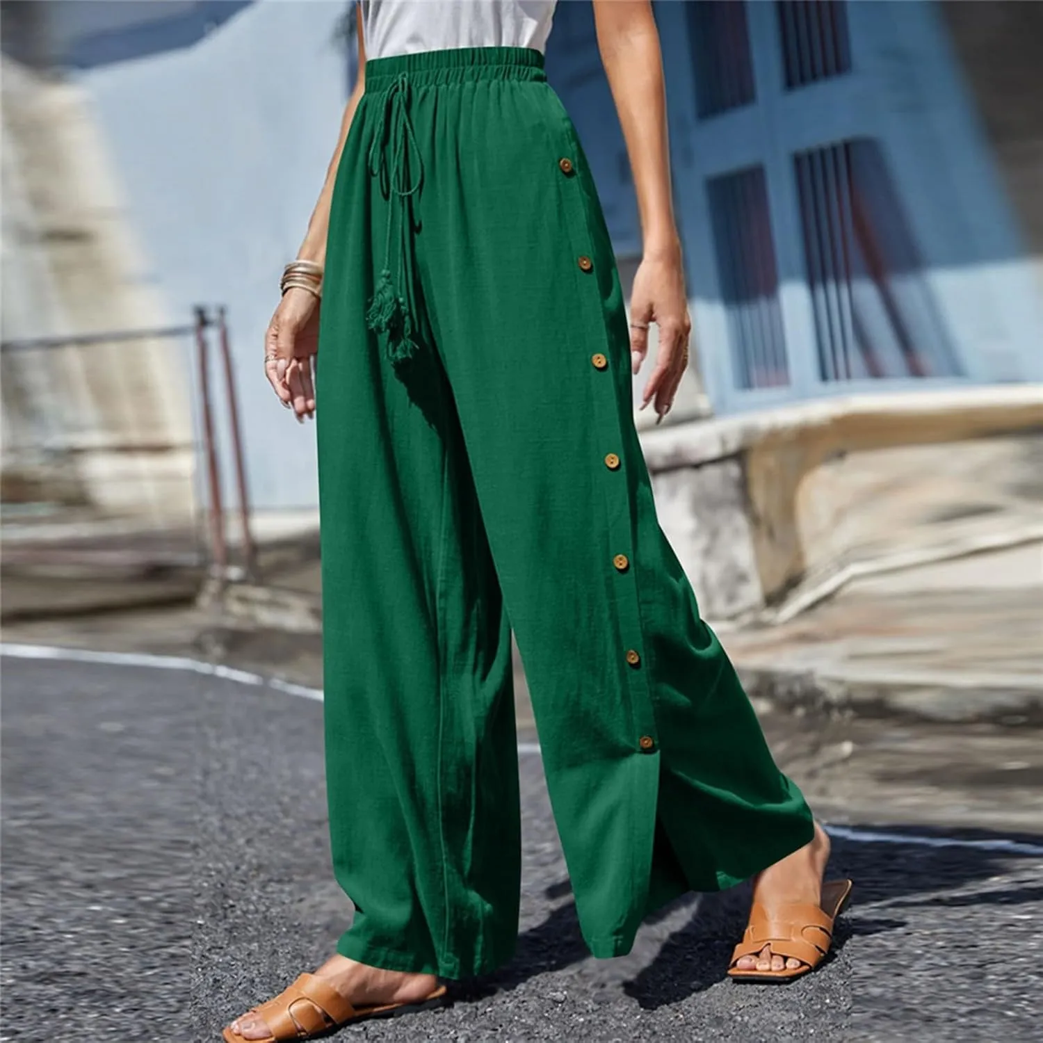 Wide Leg Linen Pants for Women Side Split Button Down Long Trousers Plus Size Casual Drawstring Elastic Waist Pants