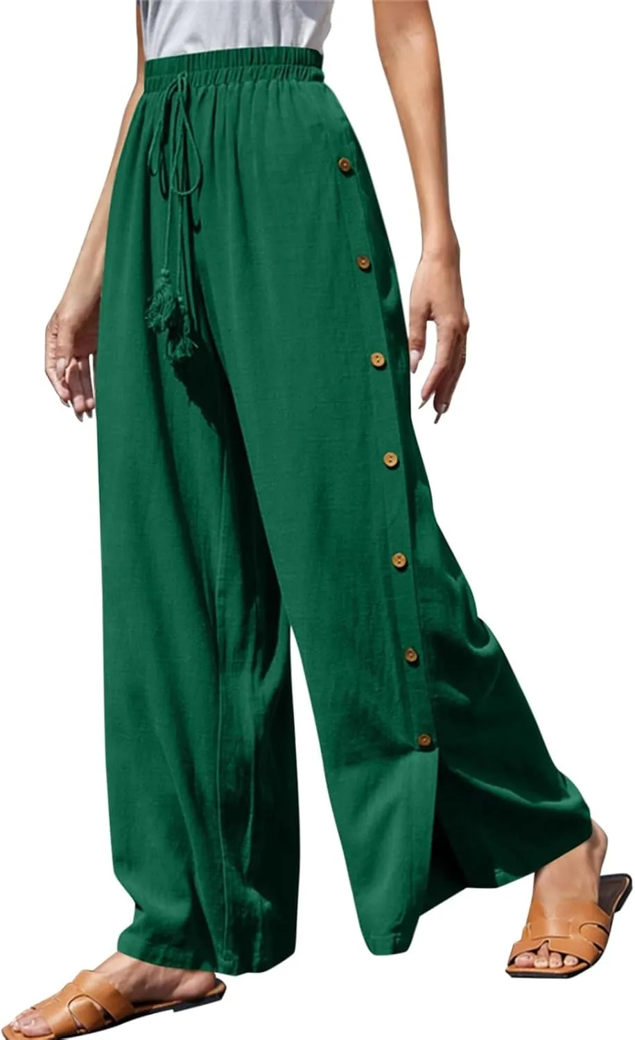 Wide Leg Linen Pants for Women Side Split Button Down Long Trousers Plus Size Casual Drawstring Elastic Waist Pants