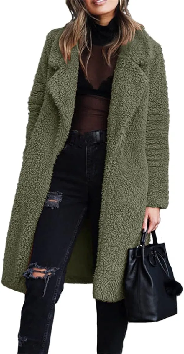 Winter Coats for Women Fuzzy Fleece Long Shacket Jackets Oversized Fashion Lapel Open Front Cardigan Warm Outwear