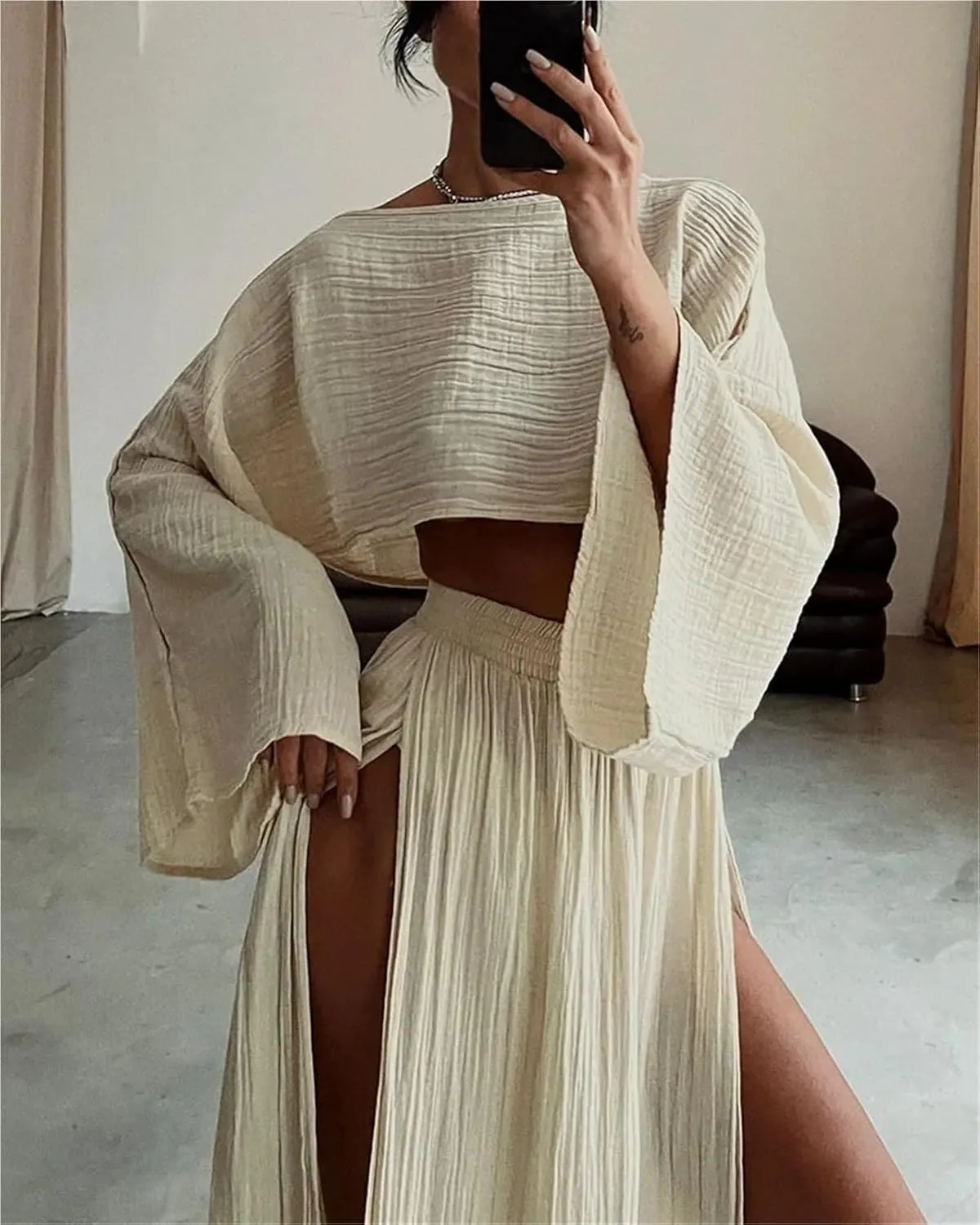 Women 2 Piece Set High Slit Skirt Boho Maxi Dress Beach Cover Ups Sarong Bikini Coverup Cotton-linen Set Suit