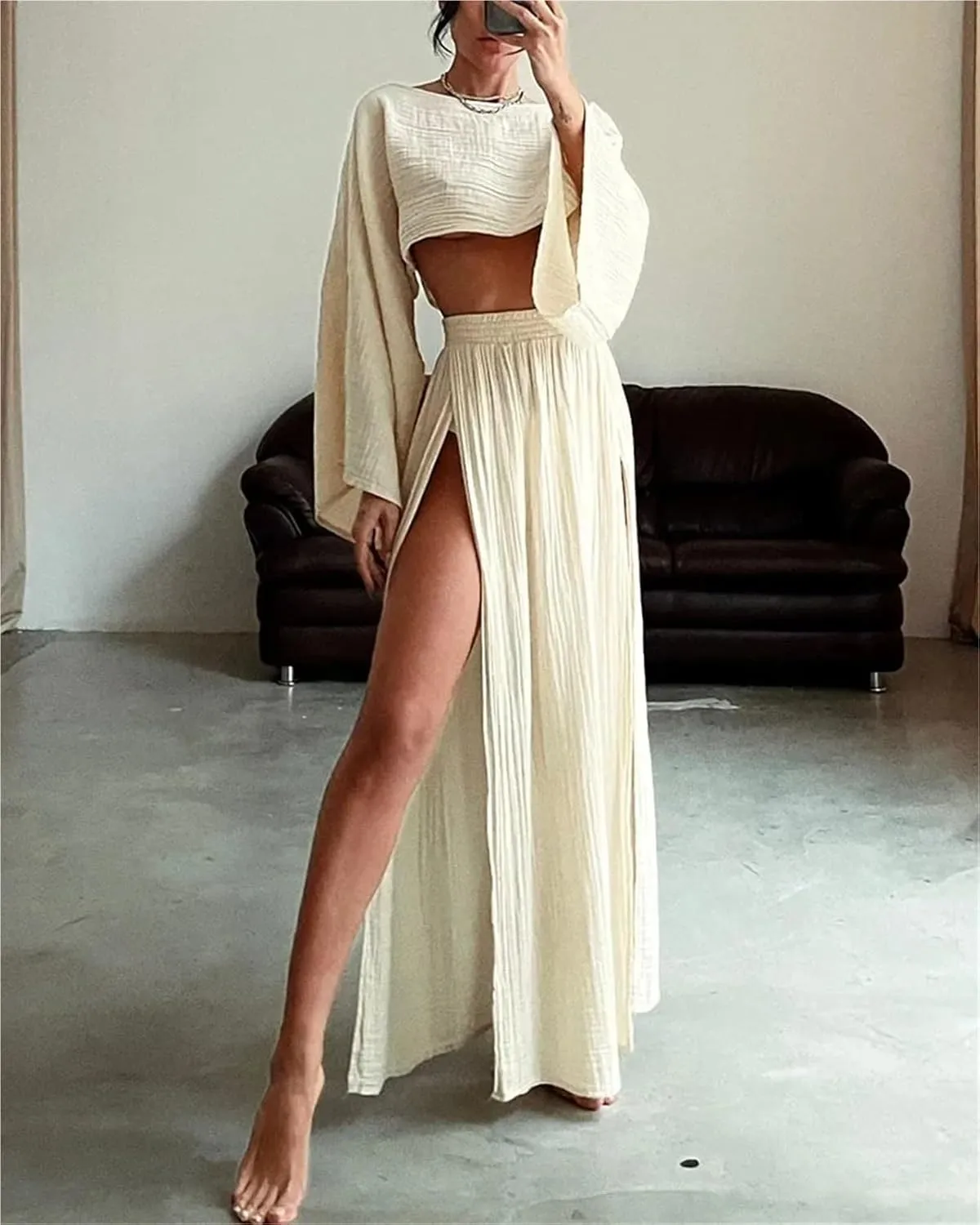 Women 2 Piece Set High Slit Skirt Boho Maxi Dress Beach Cover Ups Sarong Bikini Coverup Cotton-linen Set Suit