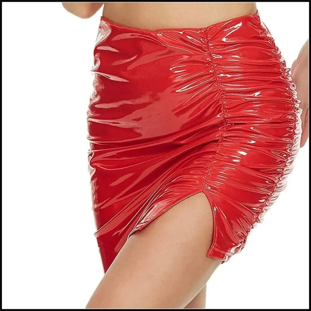 Women Bright Leather Pleated Mini Skirts Bodycon Pencil Skirts Sexy Short Pu Skirts Hems Side Split