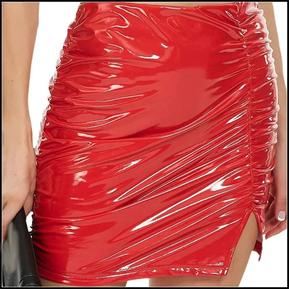 Women Bright Leather Pleated Mini Skirts Bodycon Pencil Skirts Sexy Short Pu Skirts Hems Side Split