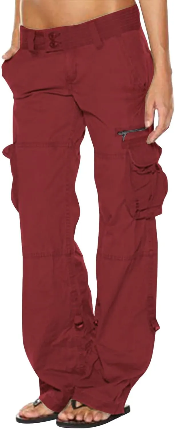 Women Cargo Pants Low Rise Tactical Pants Comfy Hiking Pants with Pockets Straight Leg Parachute Pants Long Trousers
