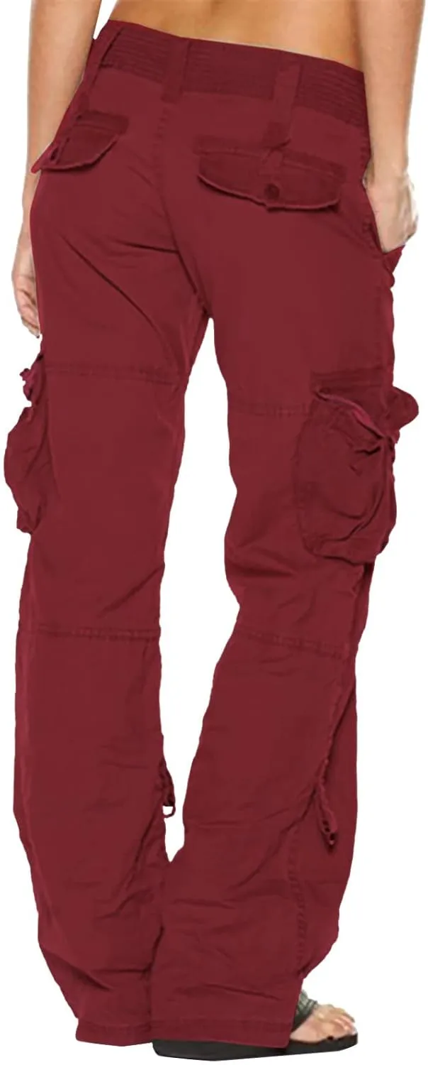 Women Cargo Pants Low Rise Tactical Pants Comfy Hiking Pants with Pockets Straight Leg Parachute Pants Long Trousers