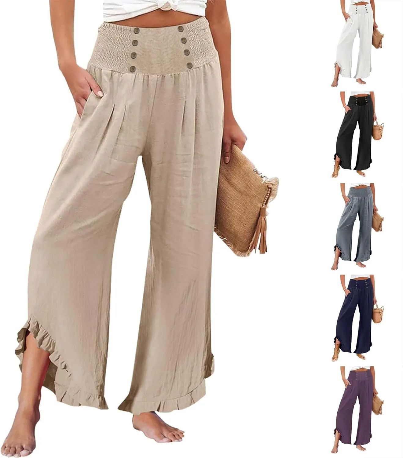 Women Linen Pants Summer Wide Leg Pants Smocked Waist Ruffle Hem Palazzo Pants Boho Flowy Beach Pants with Pocket